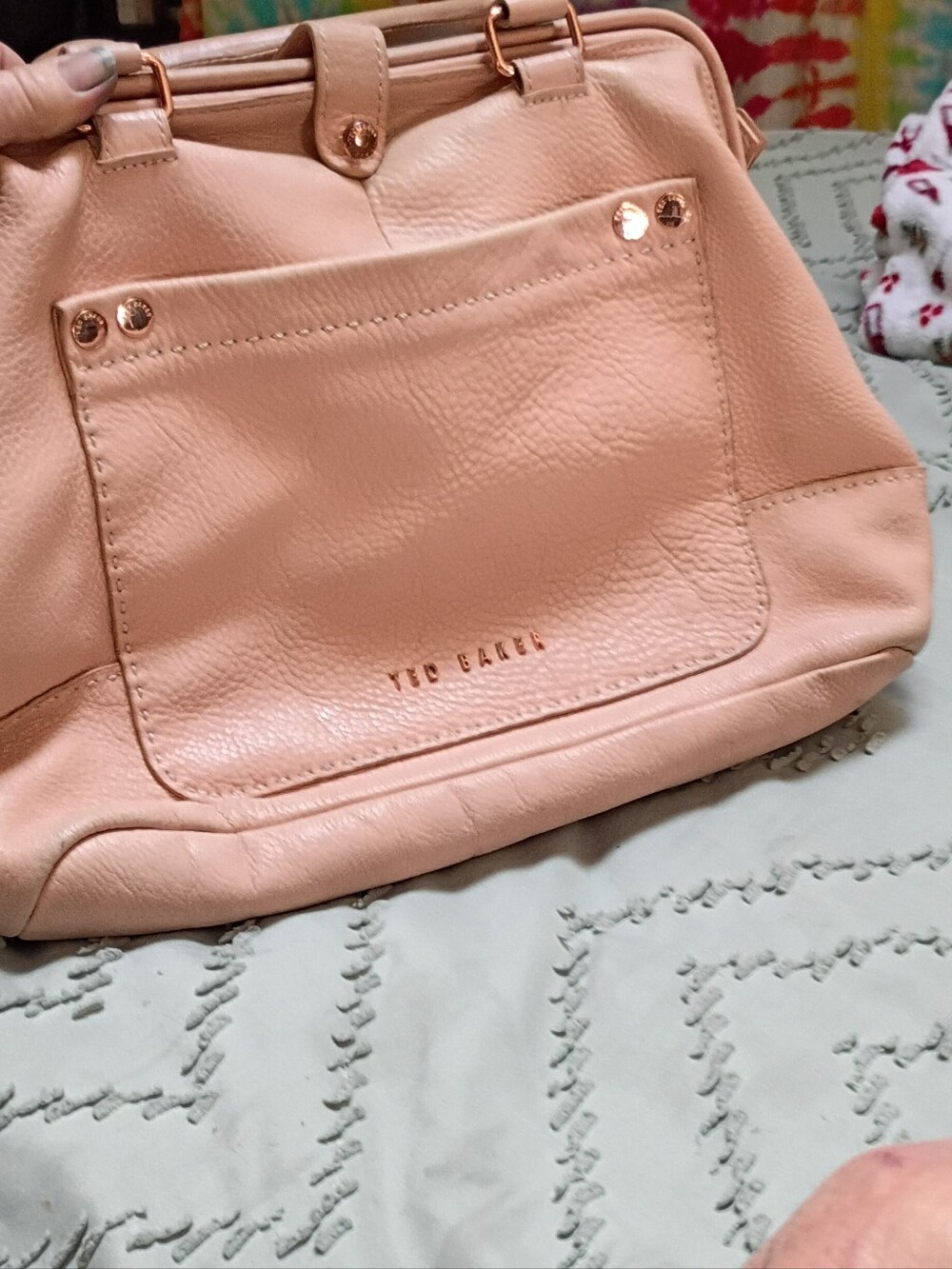 Ted Baker Baby Pink Leather Dr. Bag with Front Pocket and Gold-Tone Studs